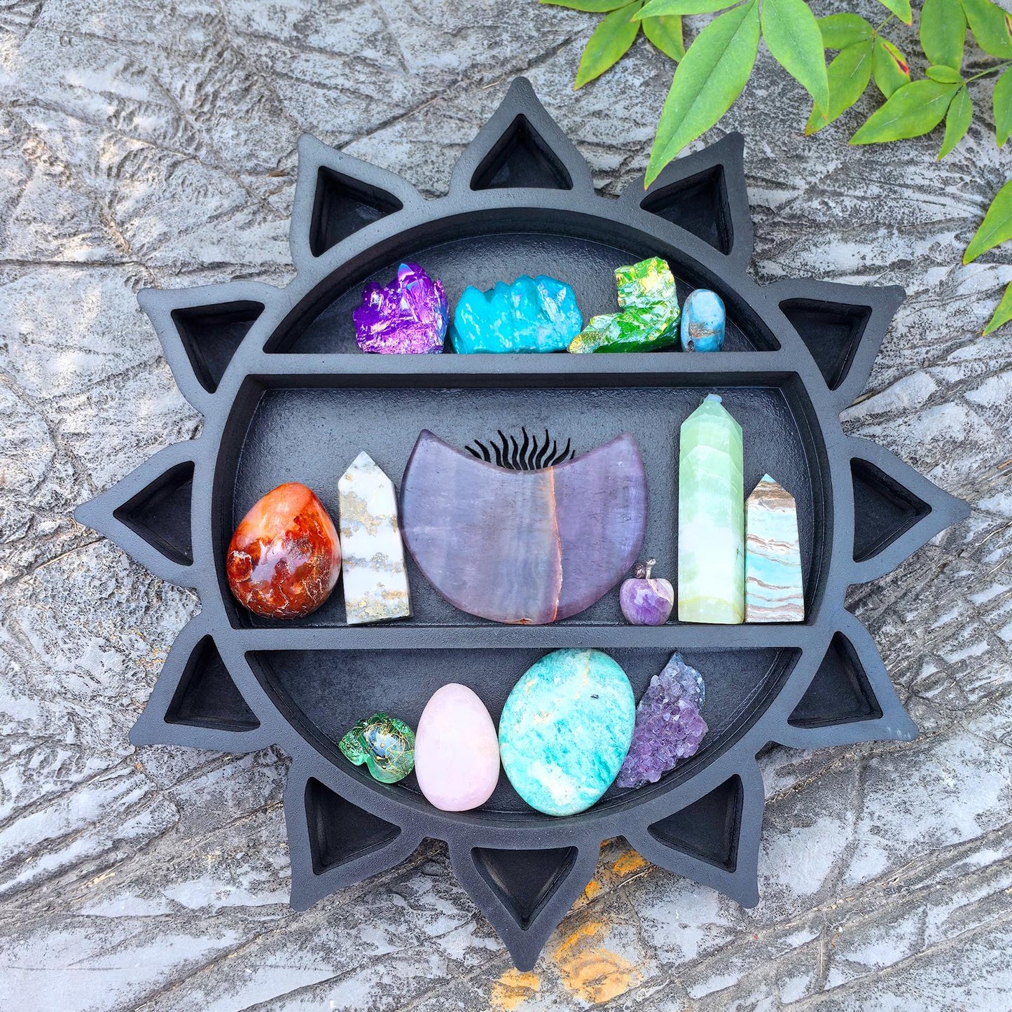 Sun Crystal Shelf – Wooden Celestial Display, Sunburst Altar Shelf, Witchy Room Decor, Boho Spiritual Storage, Sun and Moon Wall Art