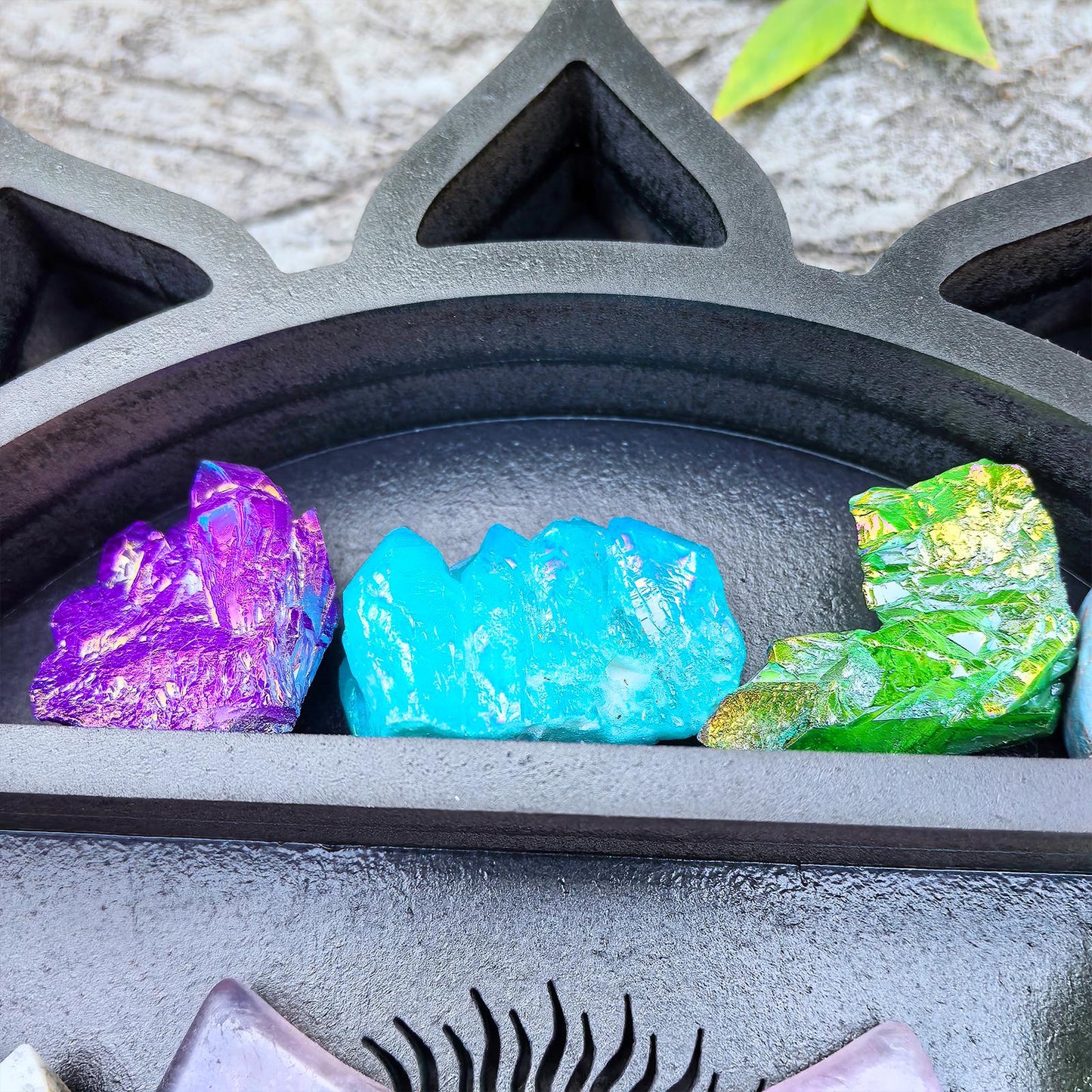 Sun Crystal Shelf – Wooden Celestial Display, Sunburst Altar Shelf, Witchy Room Decor, Boho Spiritual Storage, Sun and Moon Wall Art