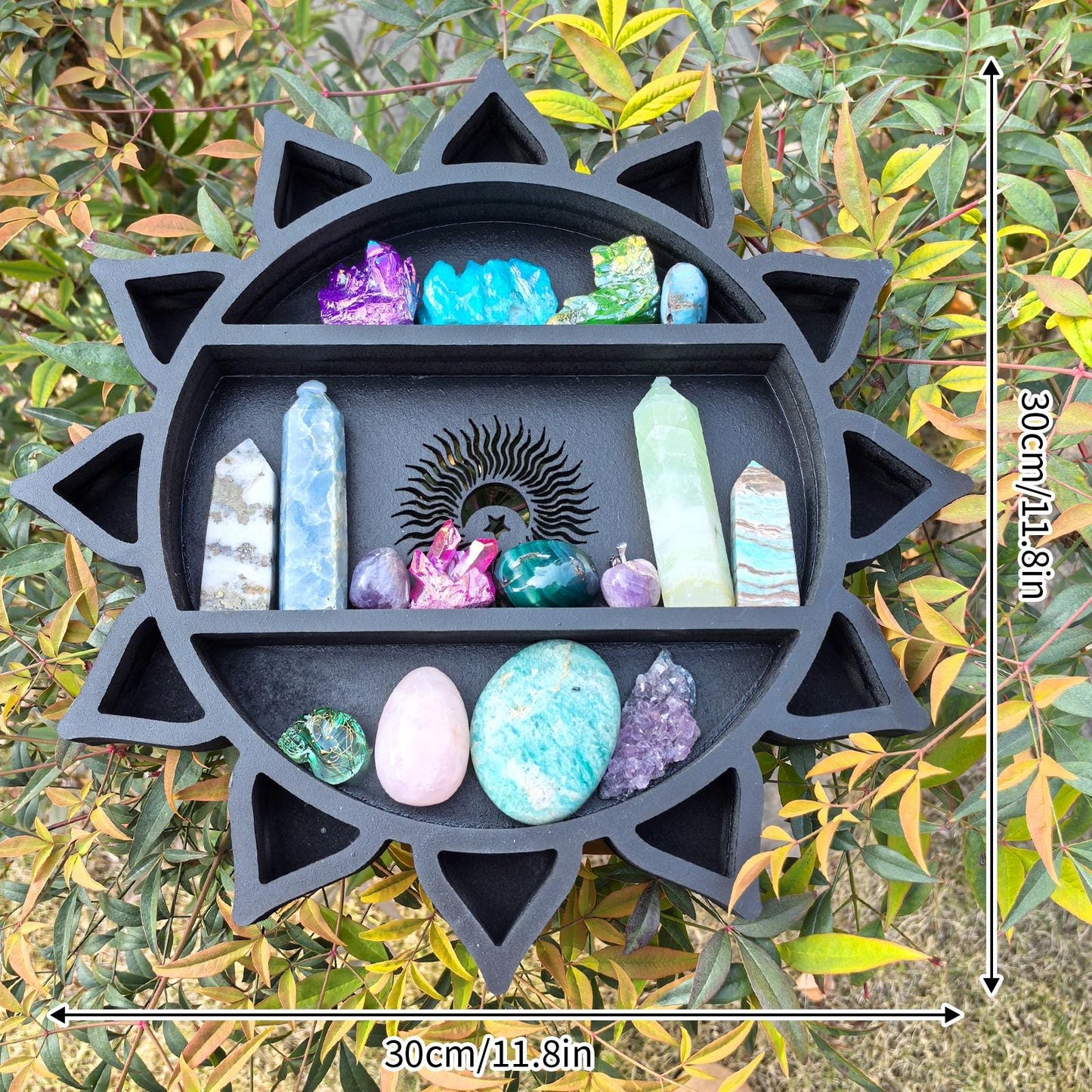 Sun Crystal Shelf – Wooden Celestial Display, Sunburst Altar Shelf, Witchy Room Decor, Boho Spiritual Storage, Sun and Moon Wall Art
