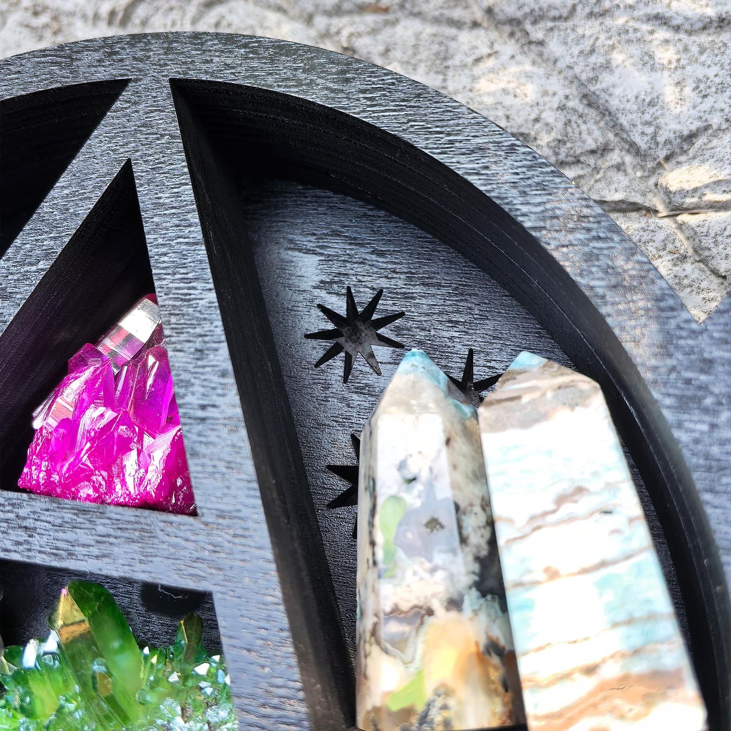 Triple Moon Crystal Shelf – Wooden Witchy Display Shelf, Gothic Altar Decor, Celestial Moon Phase Storage, Spiritual Home Decor