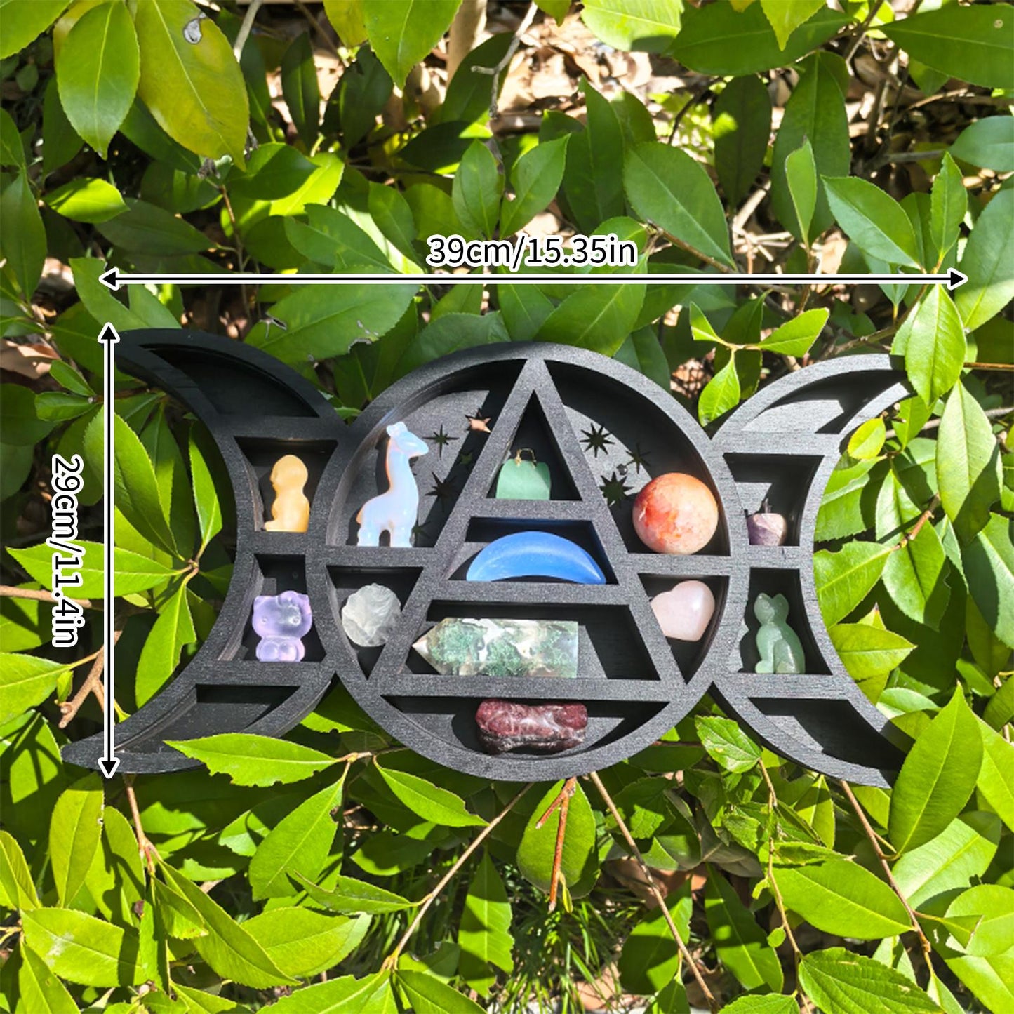 Triple Moon Crystal Shelf – Wooden Witchy Display Shelf, Gothic Altar Decor, Celestial Moon Phase Storage, Spiritual Home Decor