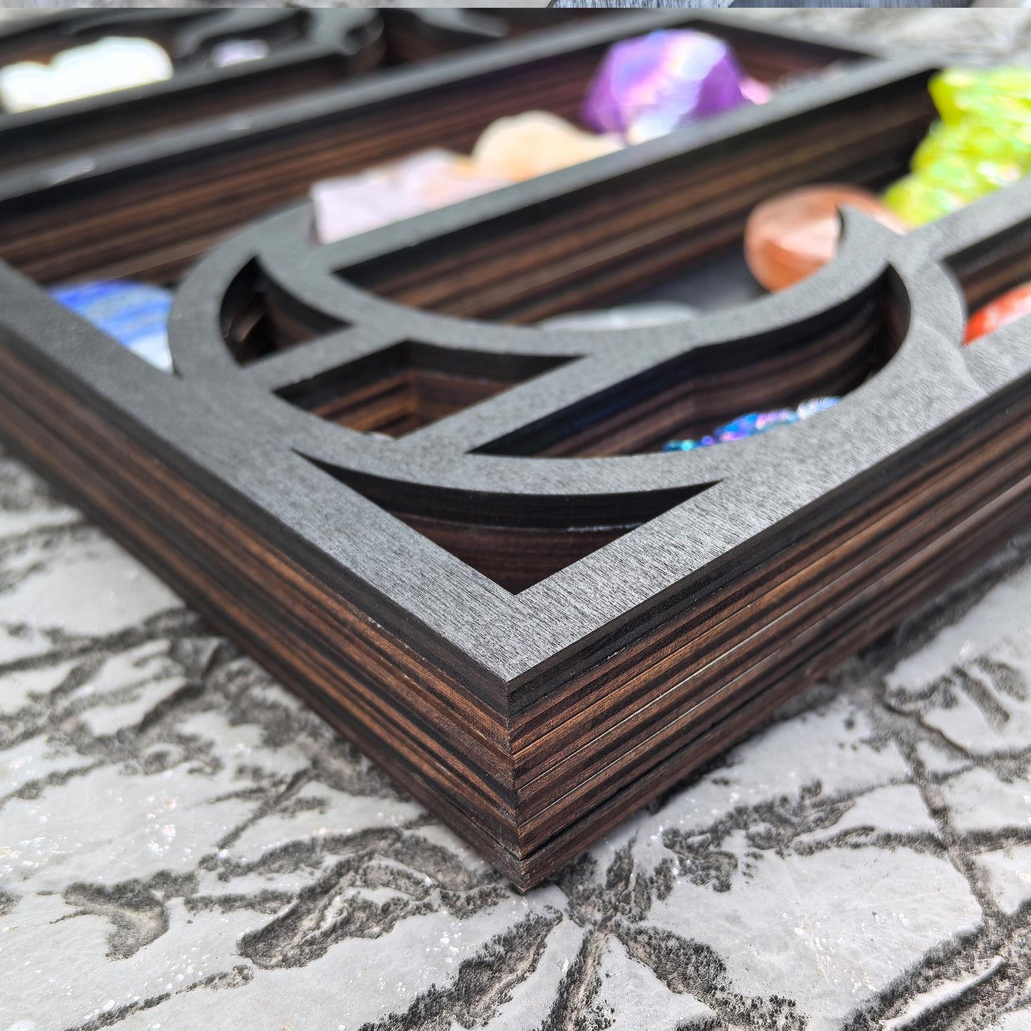 Sun & Moon Crystal Shelf – Wooden Celestial Display Shelf, Witchy Altar Decor, Gothic Home Storage, Spiritual Boho Wall Art