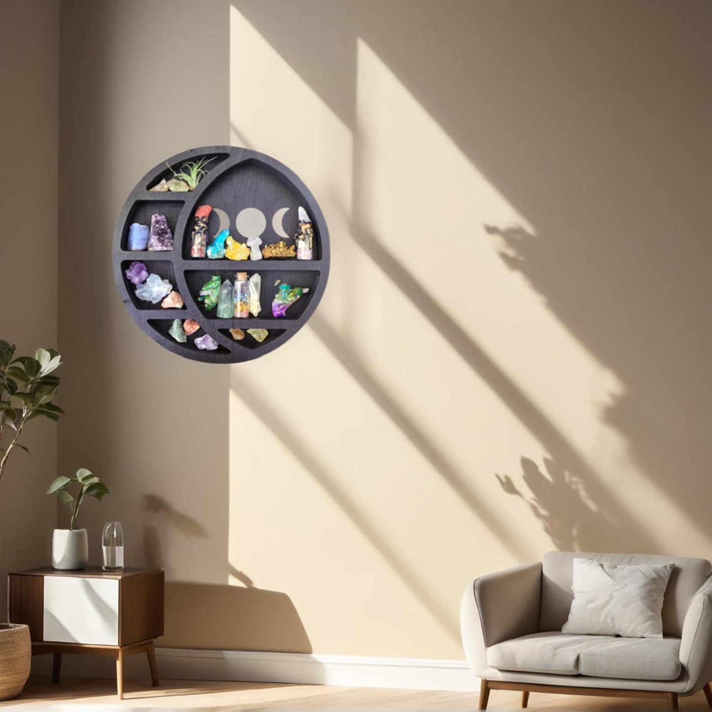 Triple Moon Crystal Shelf – Wooden Celestial Display, Moon Phase Altar Shelf, Witchy Room Decor, Gothic Spiritual Storage, Boho Wall Art