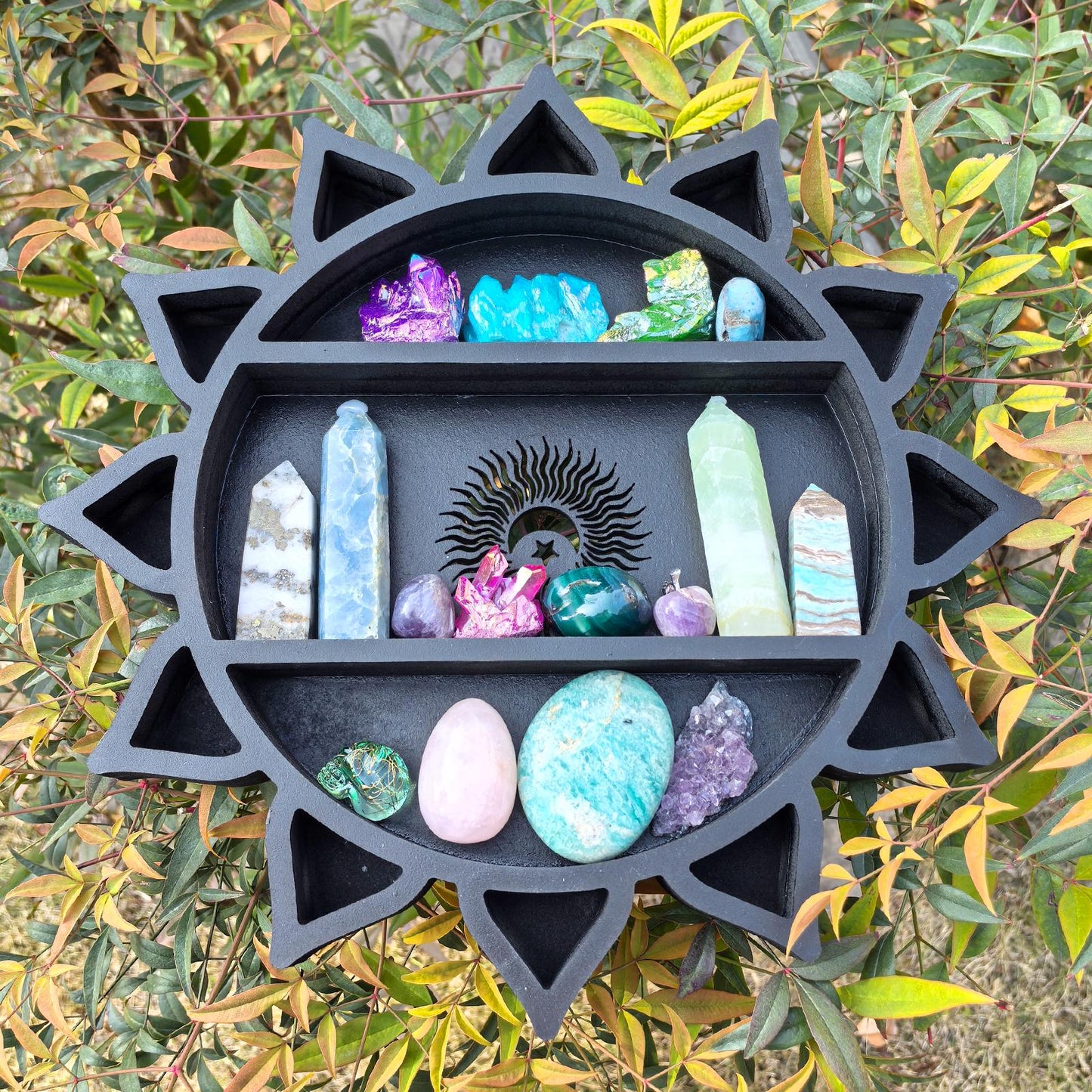 Sun Crystal Shelf – Wooden Celestial Display, Sunburst Altar Shelf, Witchy Room Decor, Boho Spiritual Storage, Sun and Moon Wall Art