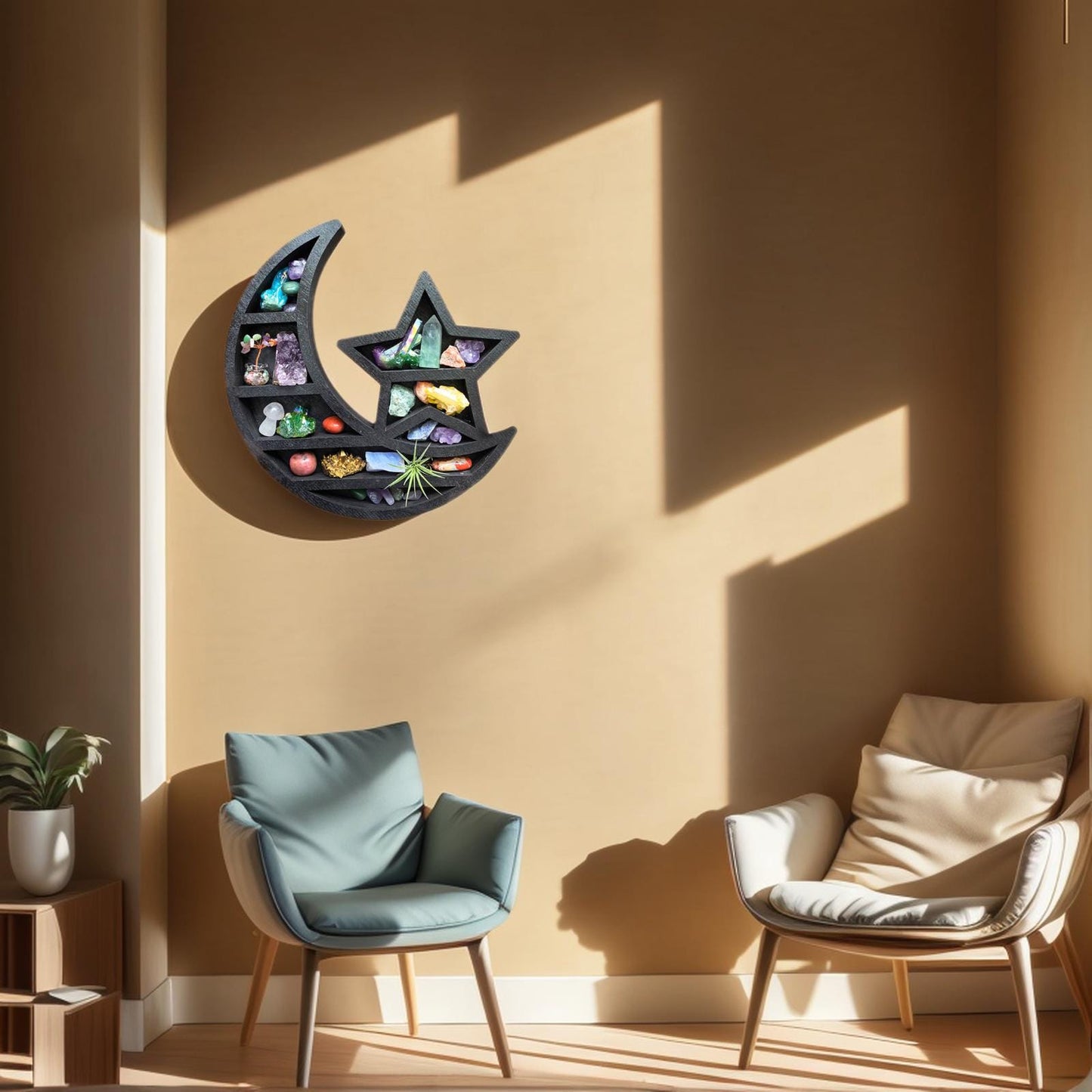 Moon and Star Crystal Shelf – Wooden Celestial Display, Witchy Altar Decor, Boho Astrology Wall Art, Spiritual Crystal Storage