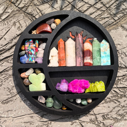 Sun Crystal Shelf – Wooden Sunburst Crystal Display, Boho Celestial Wall Art, Witchy Altar Storage, Spiritual Crystal Holder